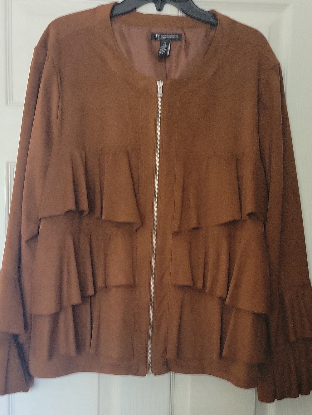 INC International Concepts Brown Ruffle Suede Bomber Jacket